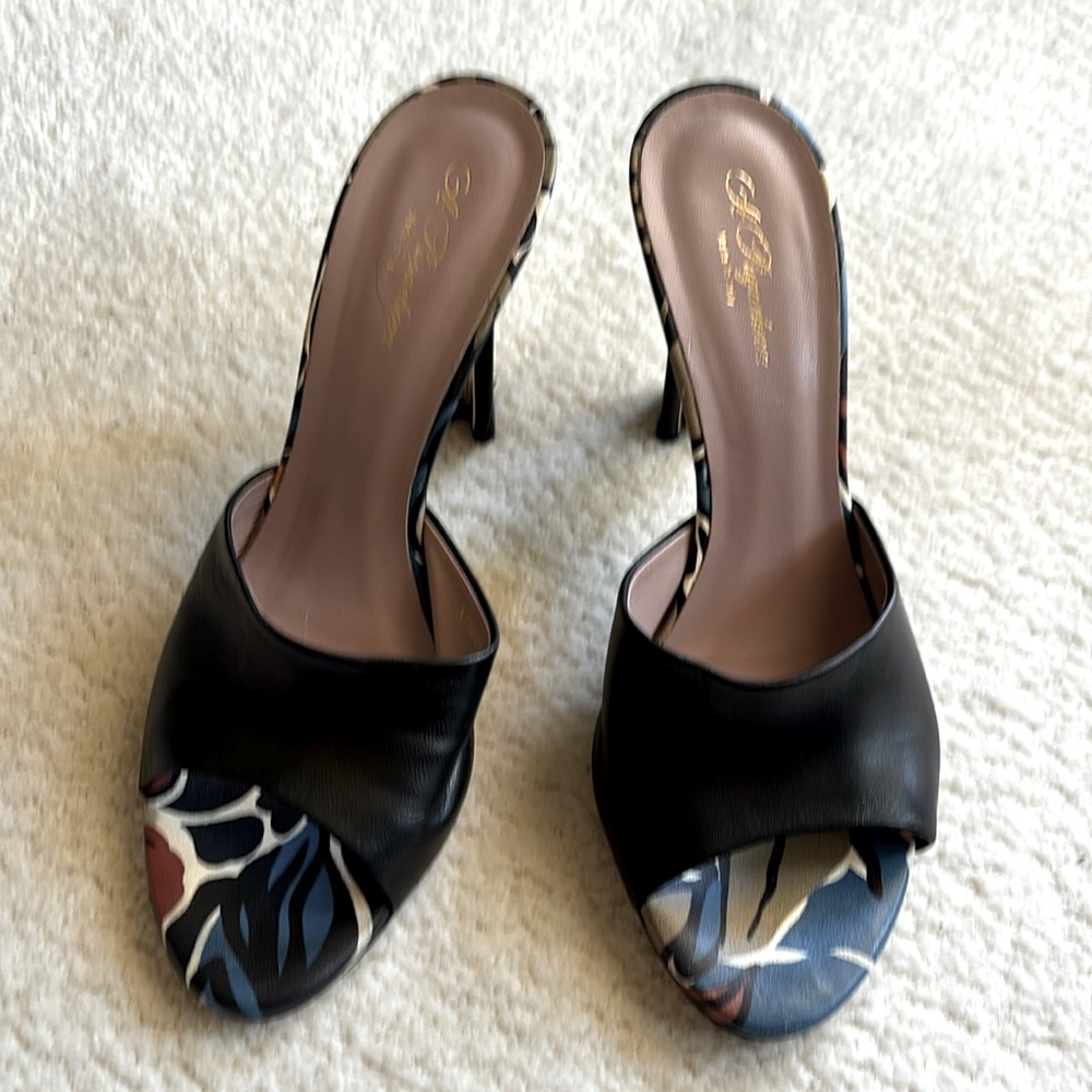 Alla Pugachova women black genuine leather high heels mules slip on open toe 38